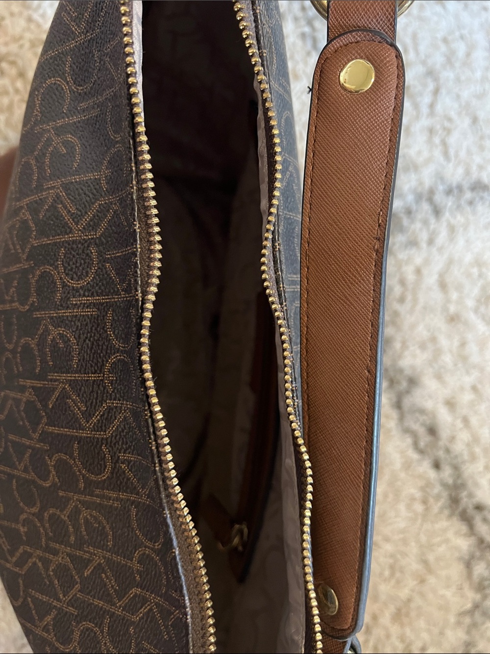 CALVIN KLEIN Dark Brown Monogram Shoulder Bag with Tan Trim - Picture 8 of 8